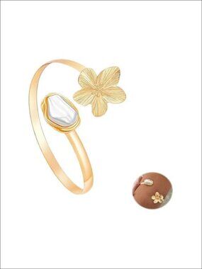 Pearl Starfish Charm Open Arm Cuff Bracelet Polished Metal Adjustable Bangle